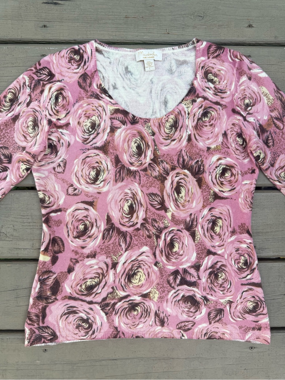 Mainbocher Dusty Pink Floral Long Sleeve Cashmere Jumper Sweater size L - Picture 3 of 14